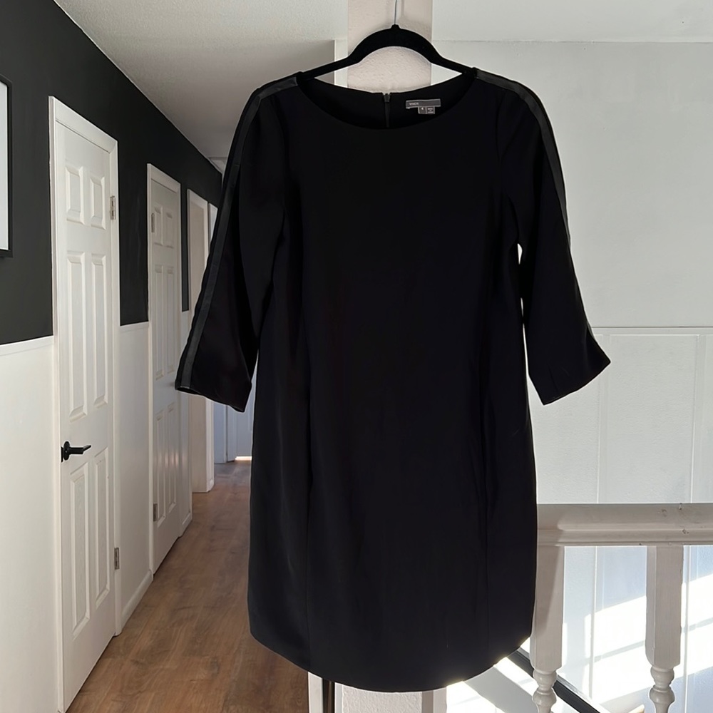 Vince black 3/4 sleeve dress with black leather trim size 4